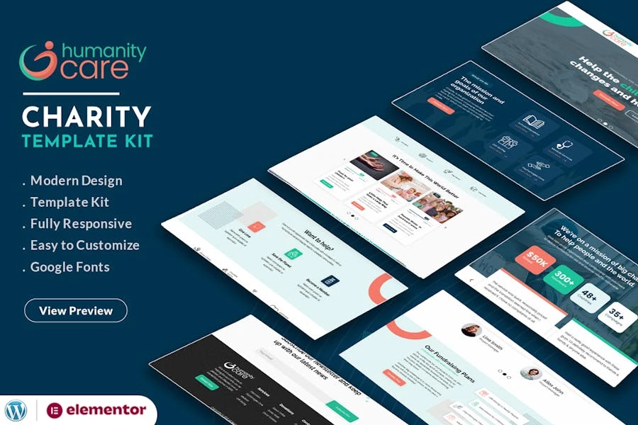 Humanity Care – Plantilla Elementor para organizaciones sin fines de lucro y donaciones