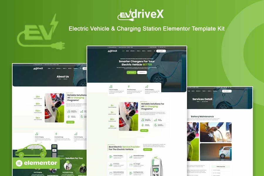 EVDriveX – Kit de plantillas Elementor para vehículos eléctricos y estaciones de carga