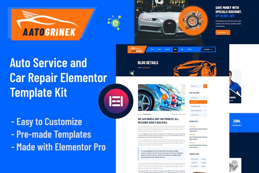 Aatogrinek – Template Kit Elementor para servicios de automóviles y reparación de automóviles