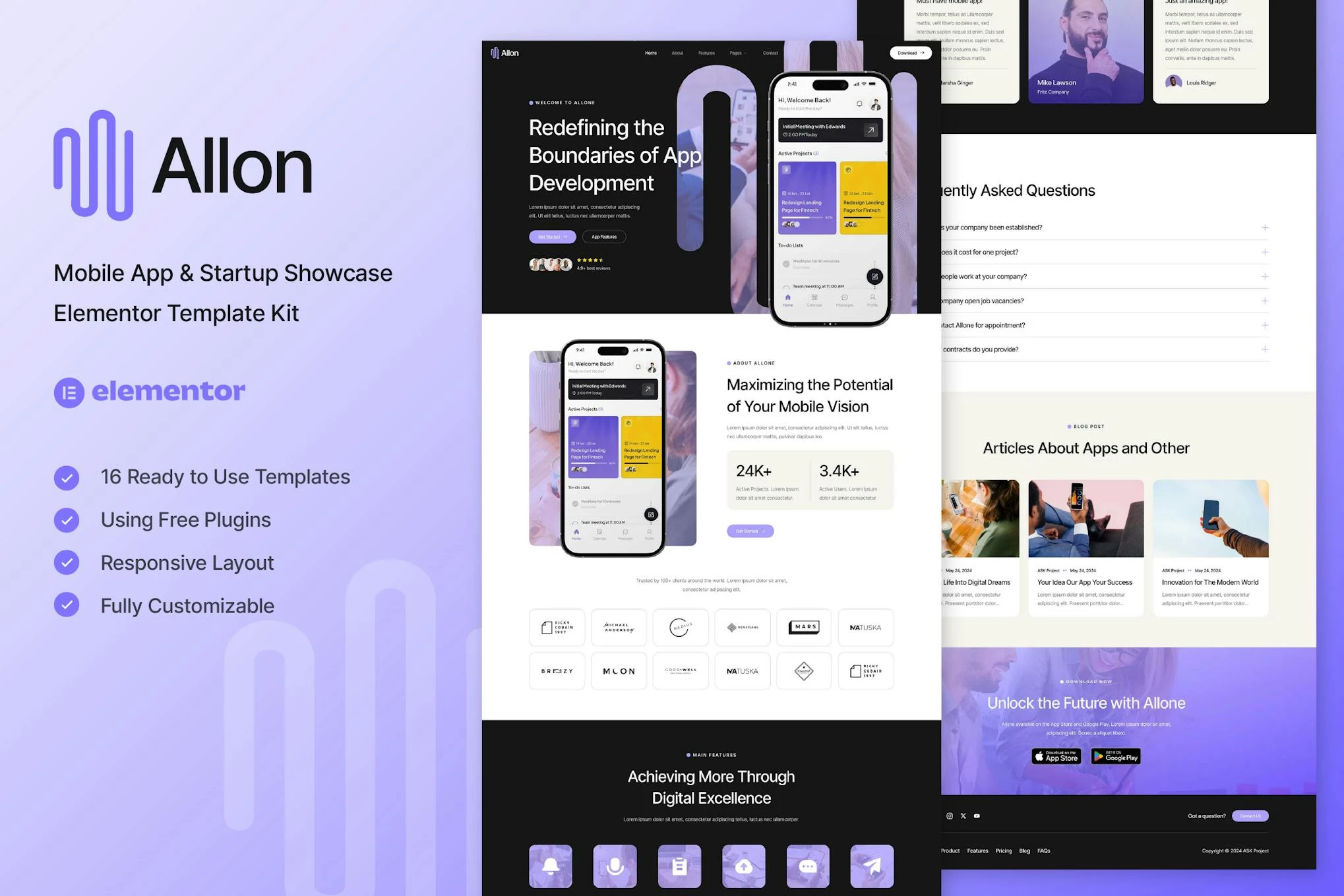 Allon – Kit de Plantillas Elementor para Presentaciones de Aplicaciones Móviles y Startups