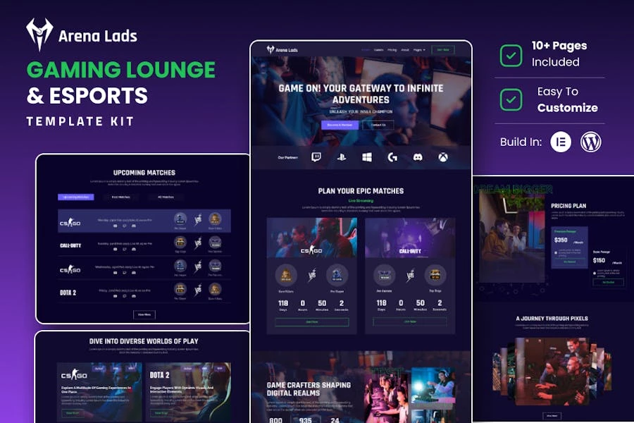 Arena Lads – Kit de plantillas Elementor para deportes electrónicos y videojuegos