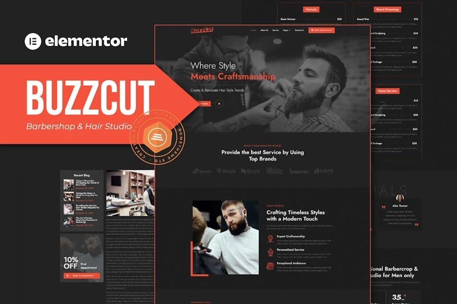 Buzzcut – Kit de plantillas Elementor Pro para barbería y peluquería