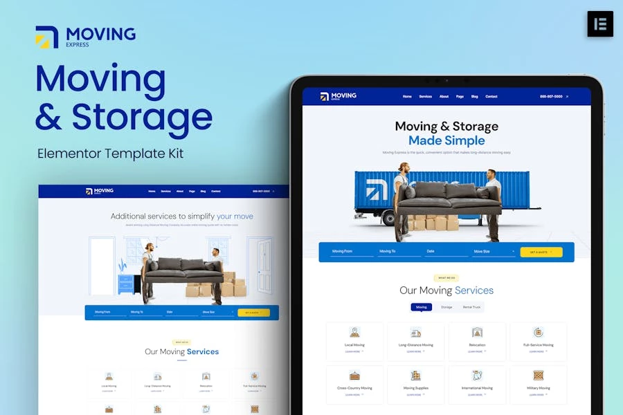 MovingExpress – Kit de plantillas Elementor para empresas de mudanzas y almacenamiento