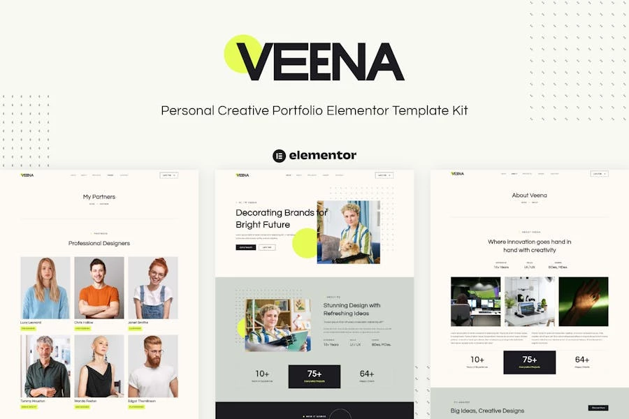 Veena – Template Kit Elementor para Porfolio creativo personal