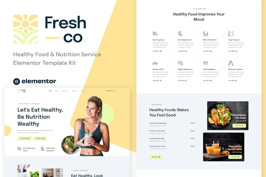 Freshco – Template Kit Elementor para servicios de alimentación y nutrición saludables
