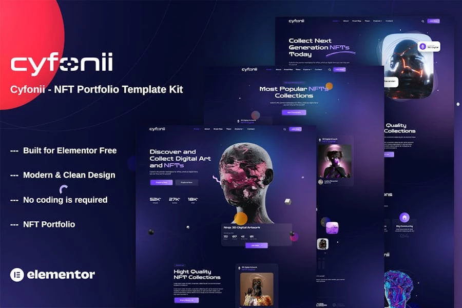 Cyfonii – Template Kit Elementor para Porfolio de Agencia de Recurso digitales NFT