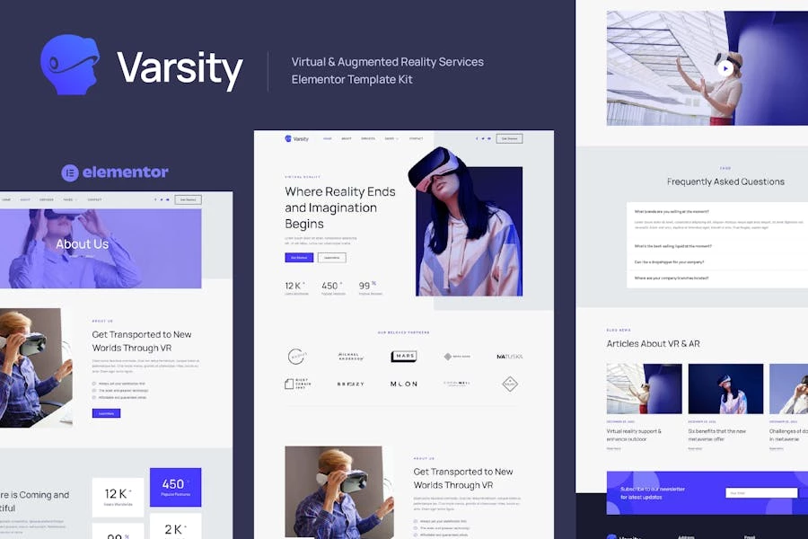 Varsity – Template Kit Elementor para servicios de realidad virtual y aumentada