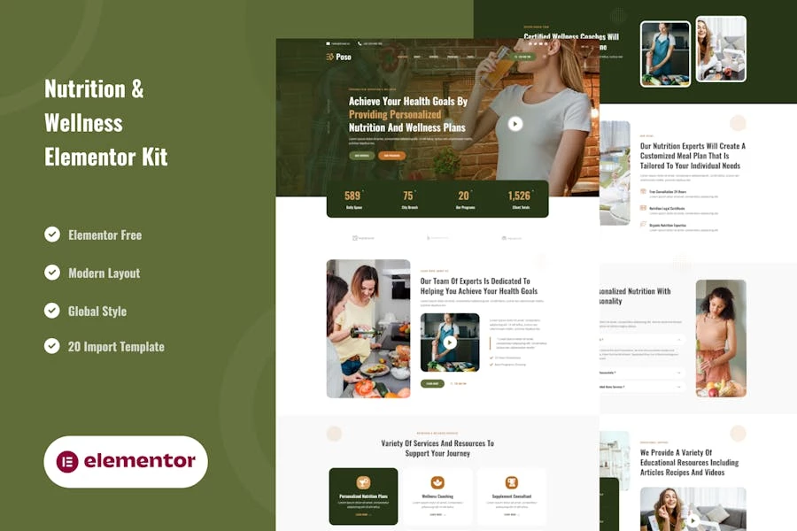 Poso – Template Kit Elementor personalizado de nutrición y bienestar