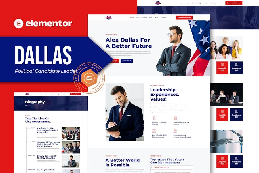 Dallas – Kit de placa de equipo Elementor para líder de candidatos políticos