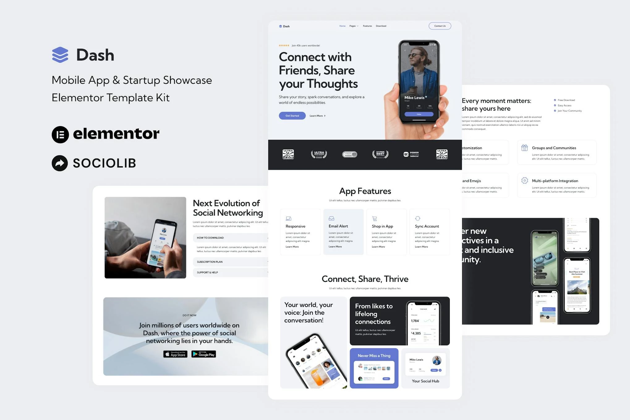Dash – Kit de Plantillas Elementor para Aplicaciones Móviles y Startups Showcase