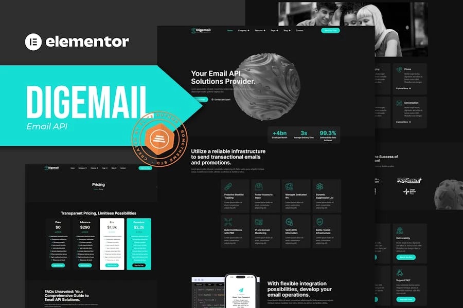 Digemail – Kit de plantillas Elementor Pro de soluciones y servicios de API