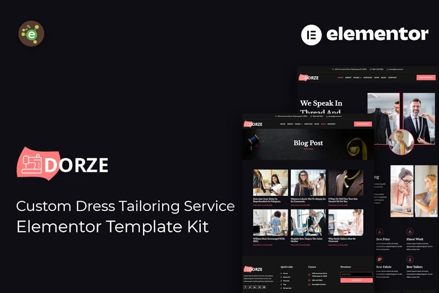 Dorze – Template Kit Elementor Pro para servicio de sastrería de vestidos personalizados