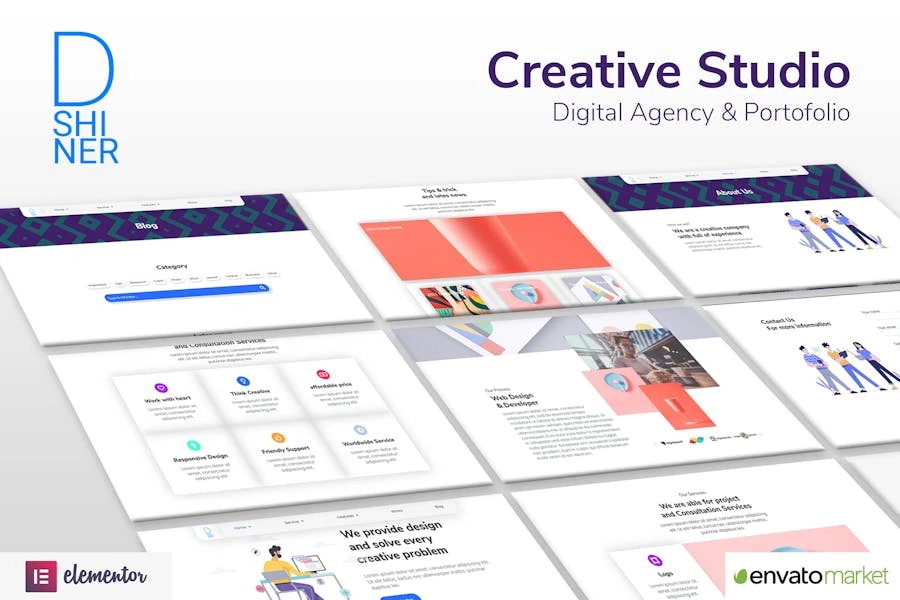 Kit de plantillas Elementor para el estudio creativo y la agencia digital D’Shiner