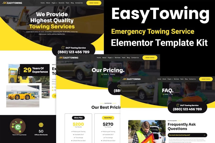 EasyTowing – Template Kit Elementor para servicio de remolque de emergencia