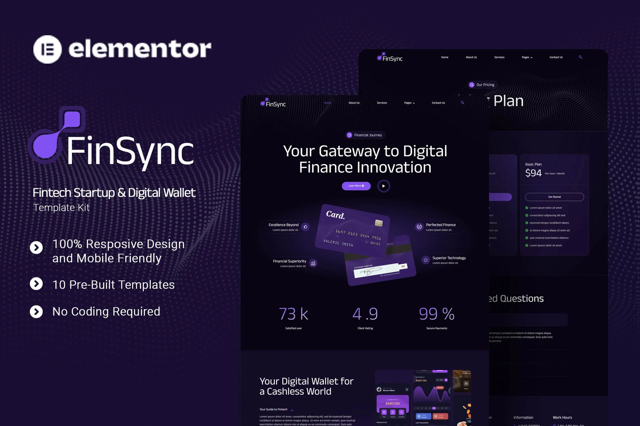 FinSync – Kit de plantillas Elementor para startups y monederos digitales de fintech