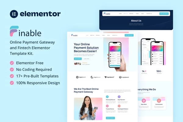 Finable – Kit de plantillas Elementor para pasarelas de pago en línea y Fintech