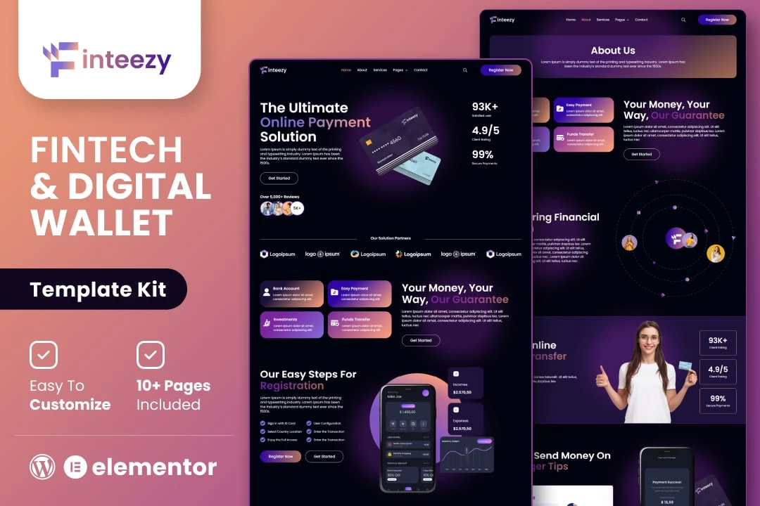 Finteezy – Kit de plantillas Elementor para startups y carteras digitales de Fintech