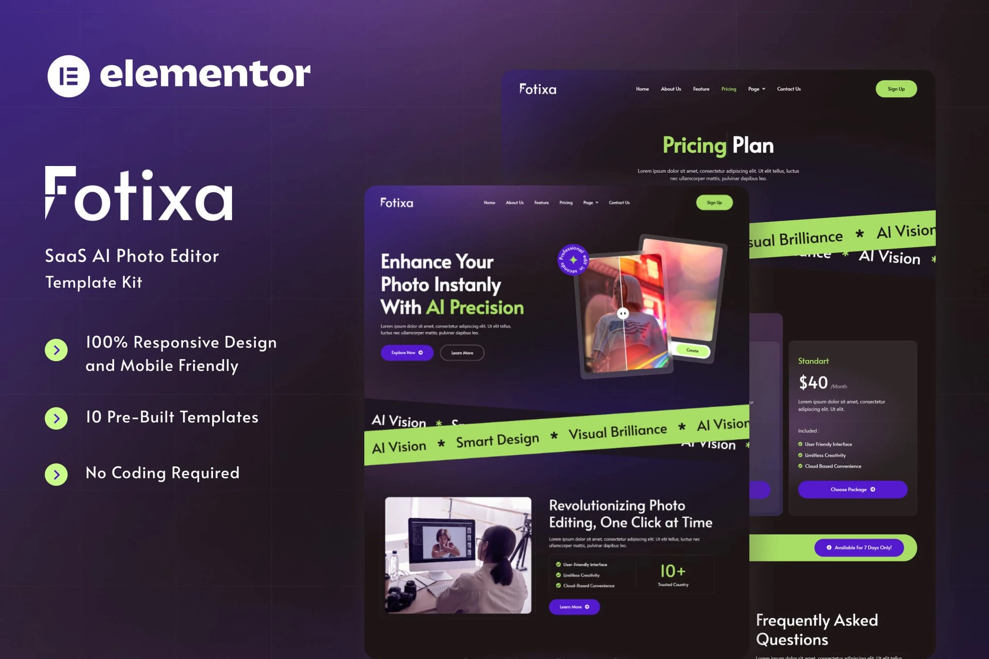 Fotixa – Kit de plantillas Elementor para el sitio web de la aplicación fotográfica SaaS AI