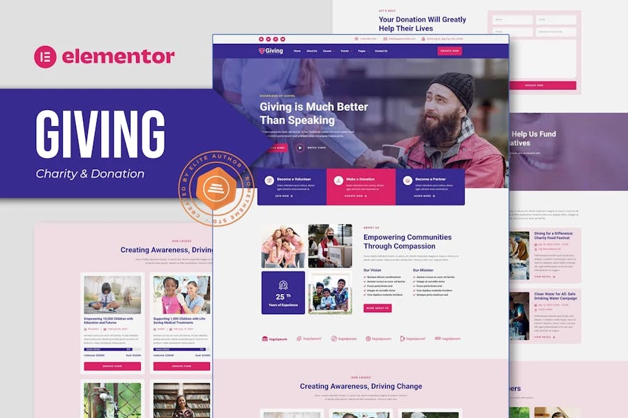 Giving – Kit de plantillas Elementor para organizaciones benéficas y donaciones
