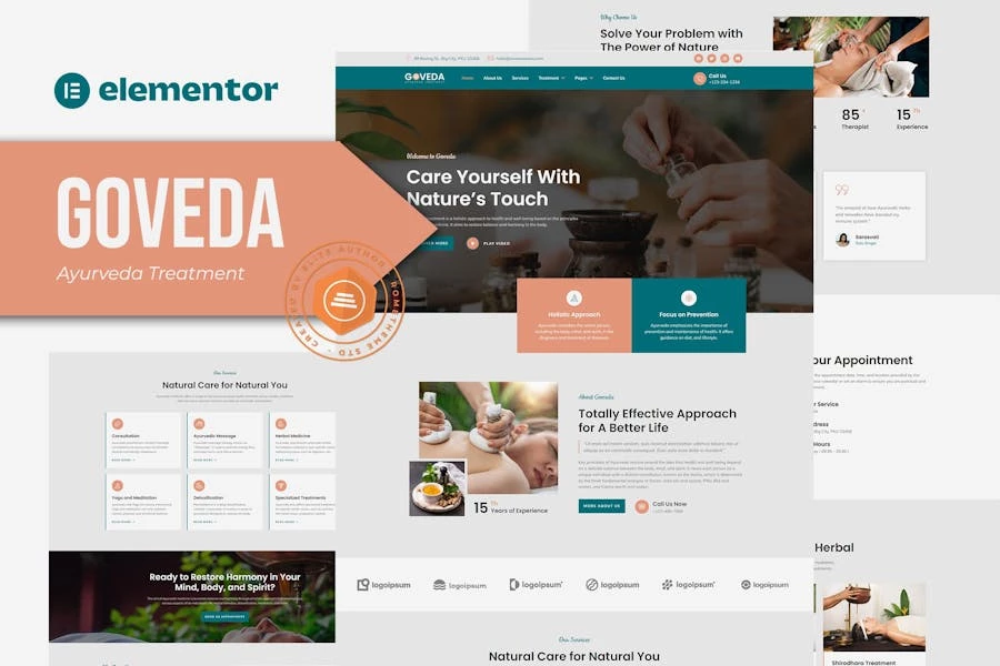 Goveda – Template Kit Elementor para el tratamiento ayurvédico
