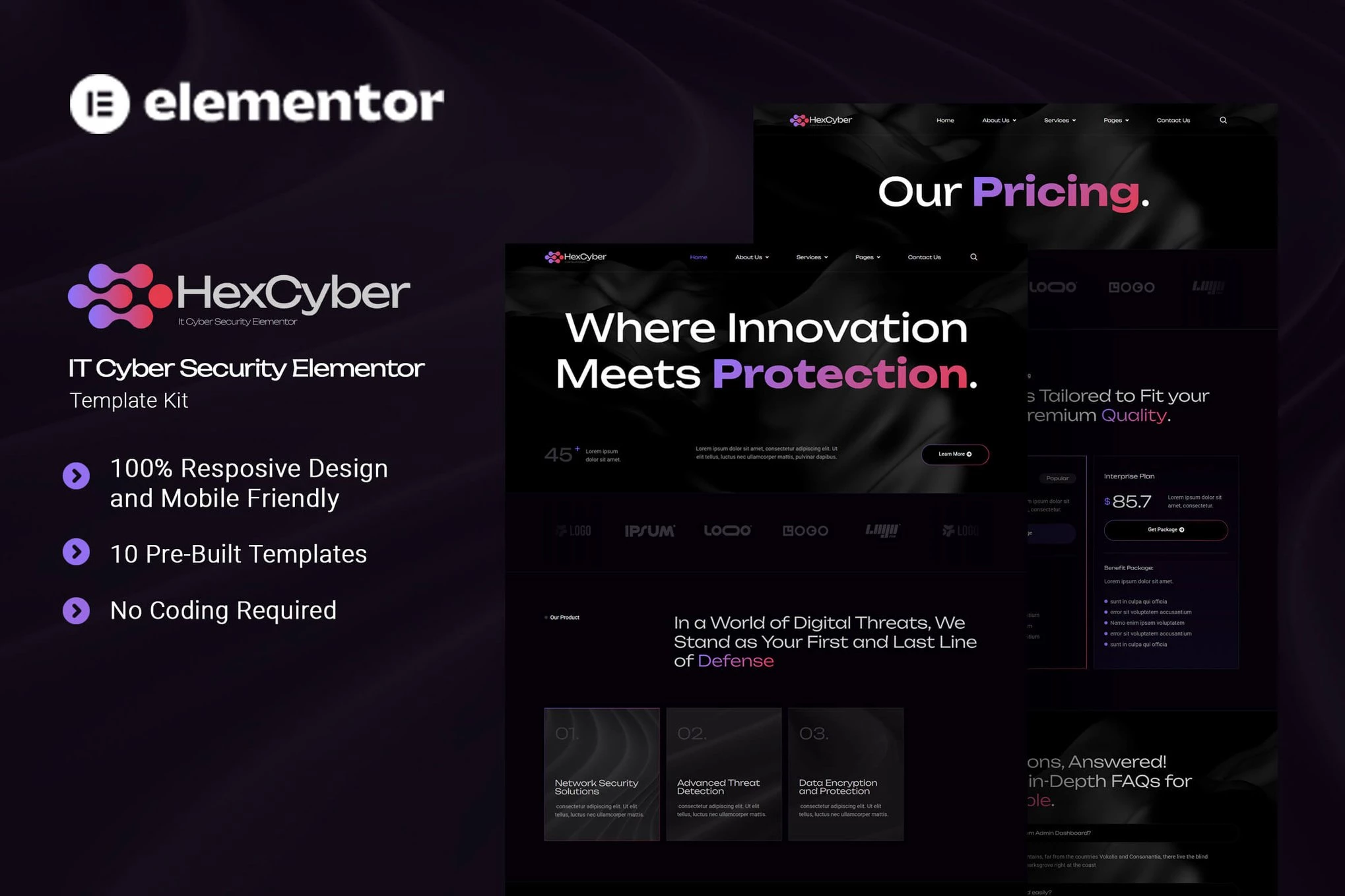 Hexcyber – Kit de plantillas Elementor para ciberseguridad de TI