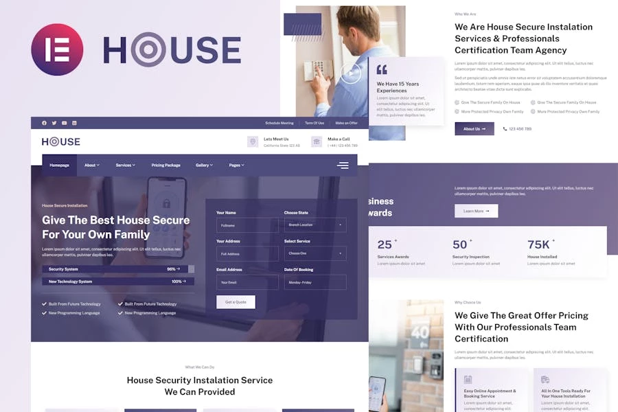 Housec – Template Kit Elementor para el servicio de seguridad del hogar inteligente