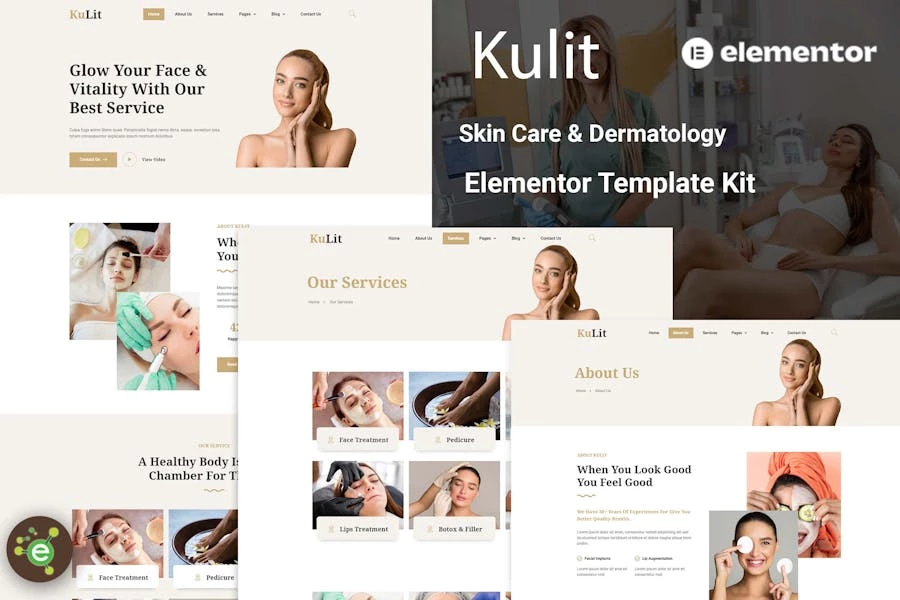 Kulit – Kit de Plantilla Elementor para cuidado de la piel y dermatología