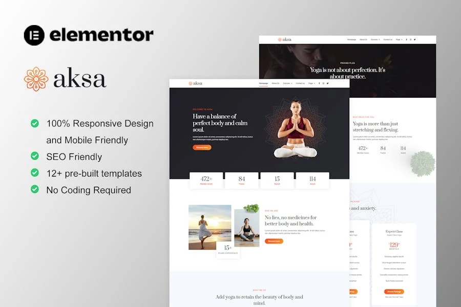 Aksa – Kit de plantillas Elementor para profesores de yoga y estudio