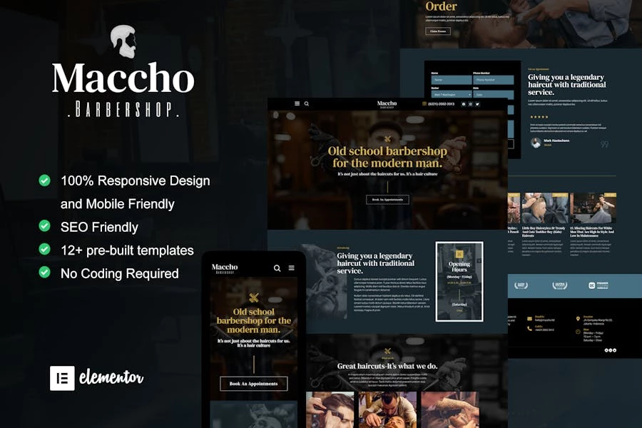 Maccho – Kit de plantillas Elementor para barbería para caballeros