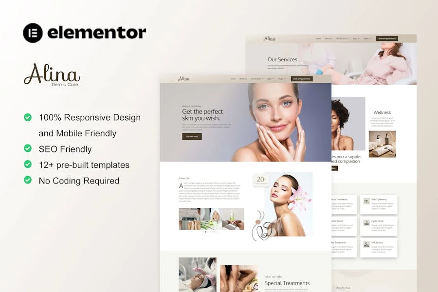 Alina – Kit de plantillas Elementor para el cuidado de la piel y la dermatología