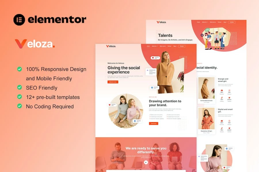 Veloza – Kit de plantillas Elementor para agencias de talentos e influenciadores