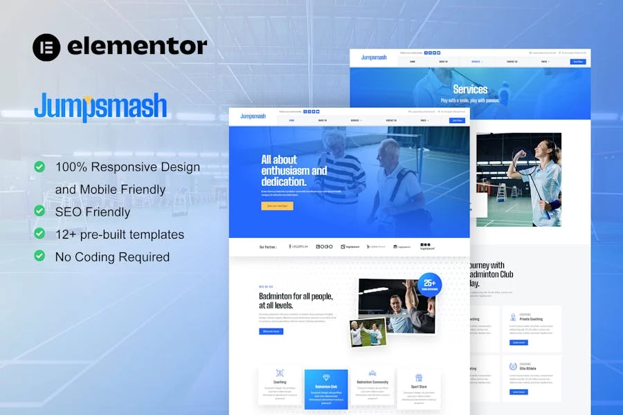 JumpSmash – Template Kit de elementos para clubes de bádminton y Comunidad
