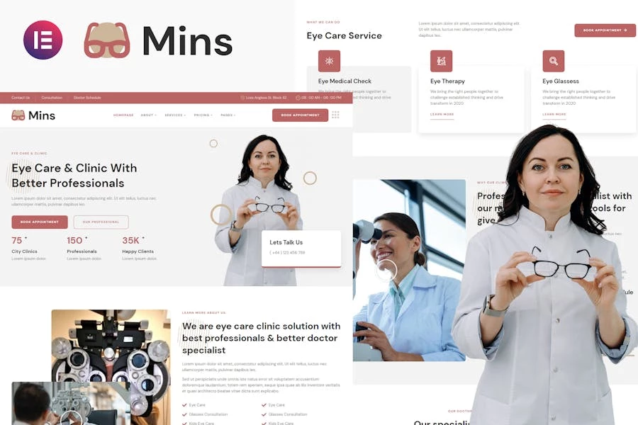 Mins – Template Kit Elementor de servicios de clínica de cuidado
