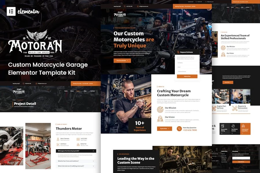 Motoran – Template Kit Elementor de servicio de garaje personalizado para motocicletas