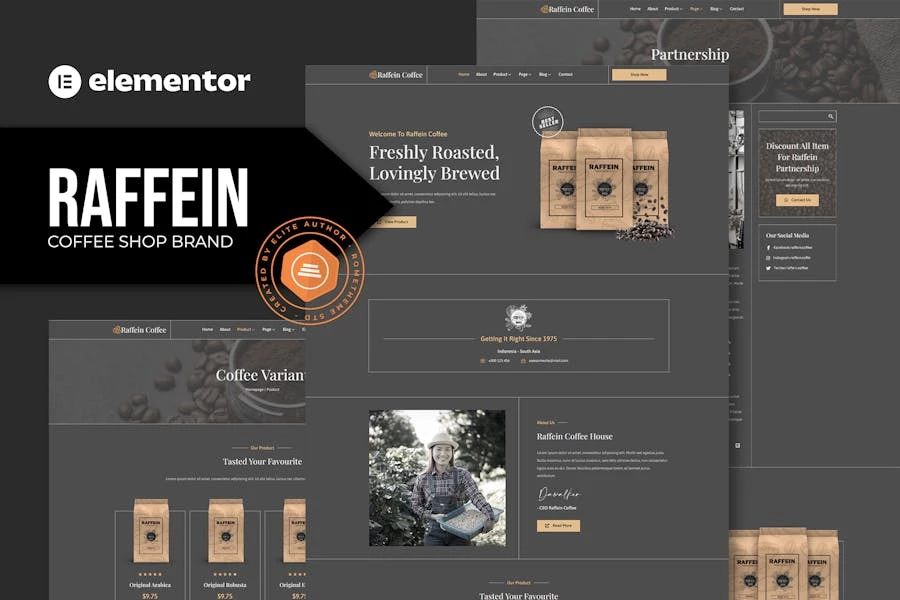 Raffein – Template Kit Elementor de la marca de la cafetería