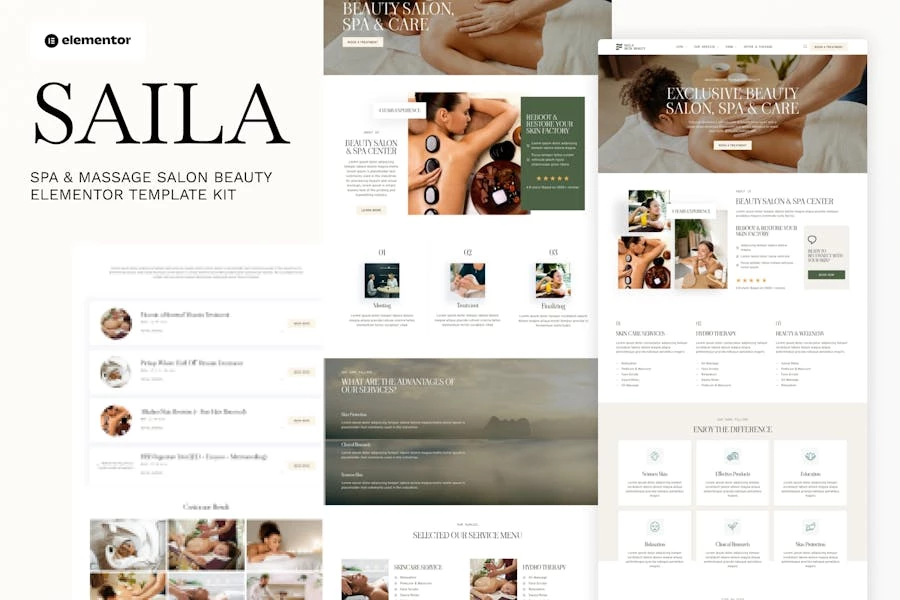 Saila – Kit de plantillas de belleza Elementor para spa y salón de masajes