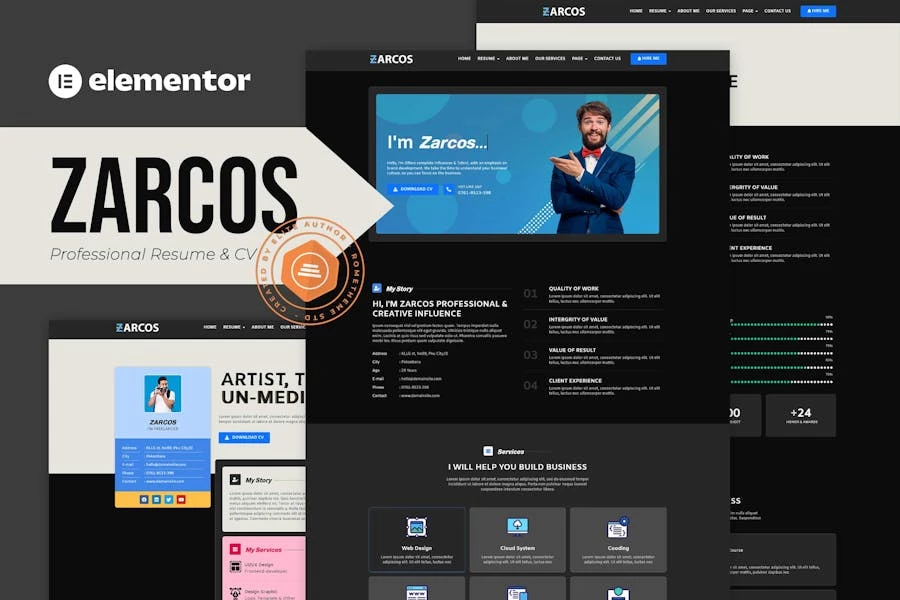Zarcos – Kit de plantillas Elementor para currículum vitae y CV profesionales