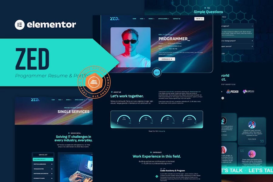 Zed – Kit de plantillas Elementor para currículum y portafolio de programador