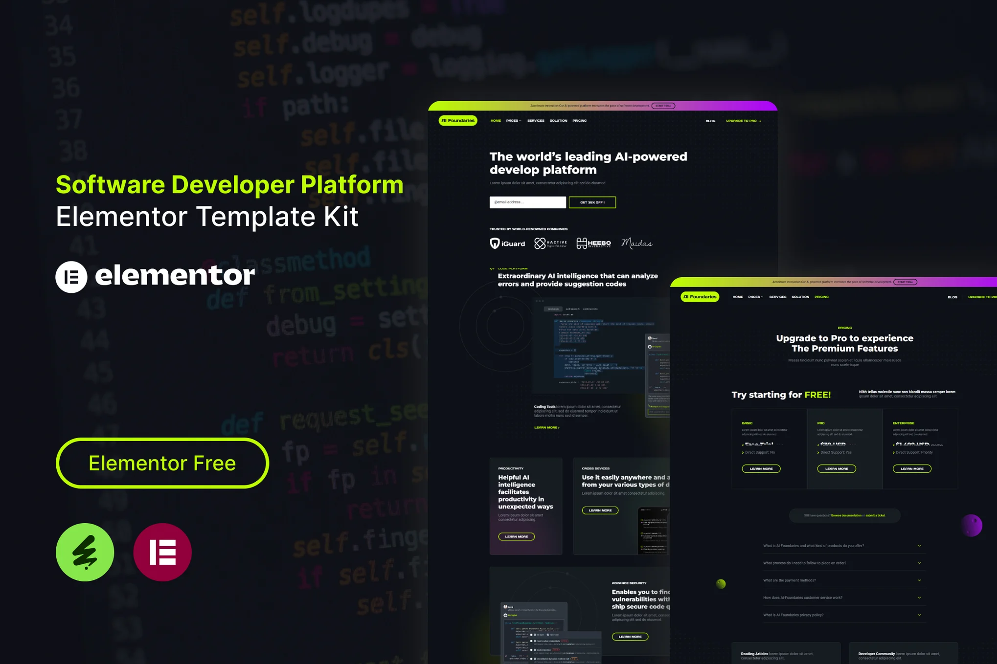 AI Foundaries – Kit de plantillas Elementor para plataformas de desarrolladores de software