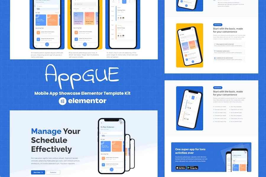 AppGue – Kit de plantillas Elementor para presentaciones de aplicaciones móviles