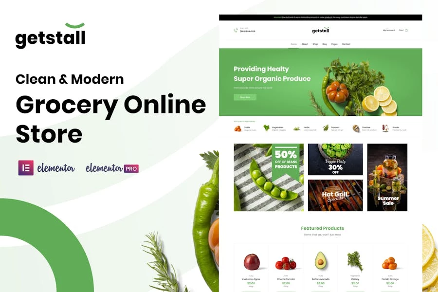 Getstall – Kit de plantillas Elementor para tiendas de comestibles