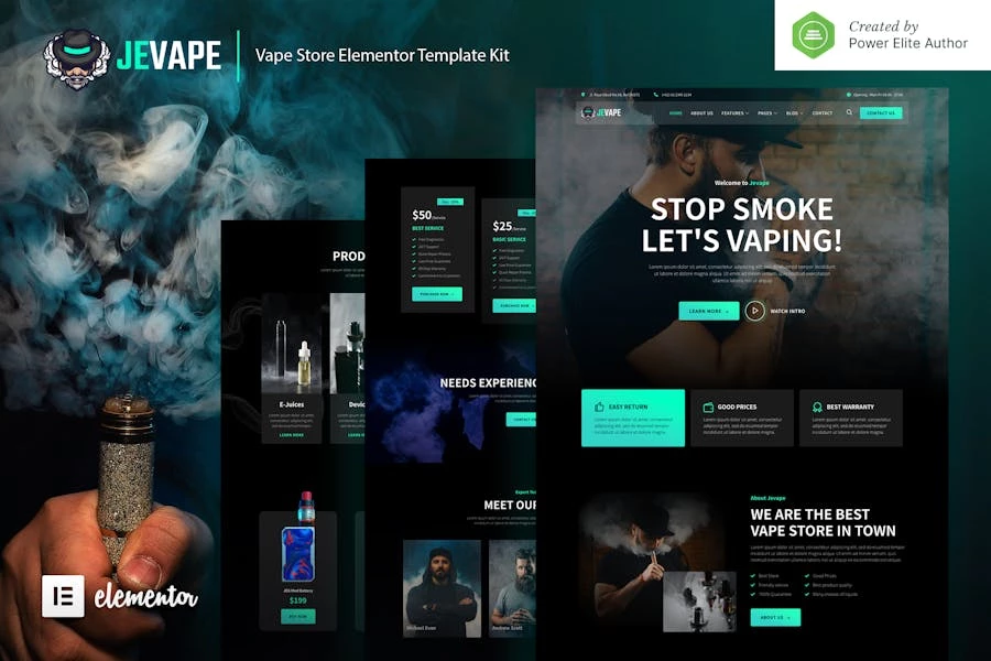 Jevape – Template Kit Elementor de la tienda de Vape