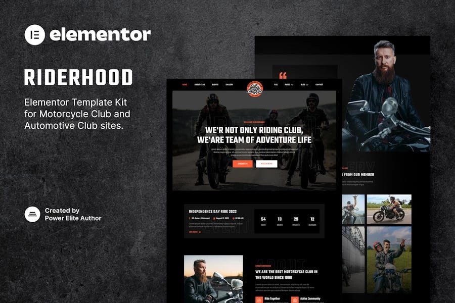 Riderhood – Template Kit Elementor del Motorcycle Club