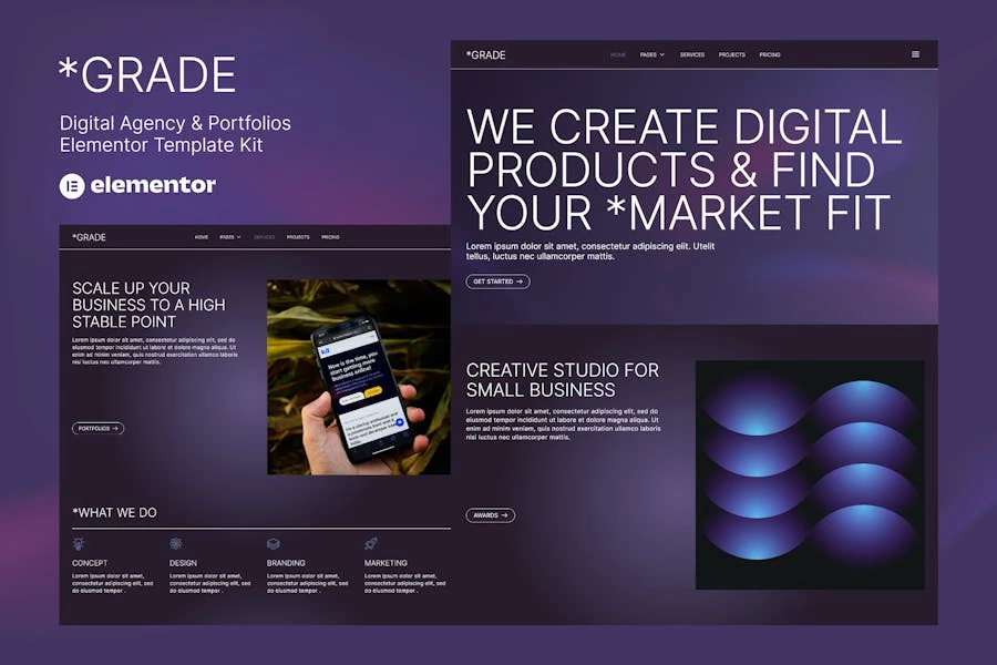 Grade – Template Kit Elementor para Agencia creativas y portafolios