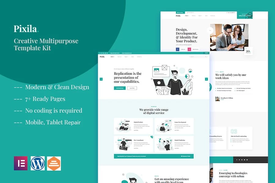 Pixila – Template Kit multipropósito creativo para Elementor