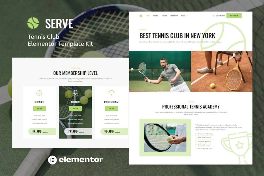 Serve – Template Kit Elementor para escuelas de tenis y clubes deportivos