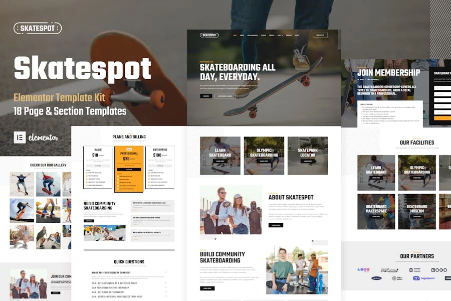 Skatespot – Template Kit Elementor Pro para comunidad de patinetas y parques de patinaje