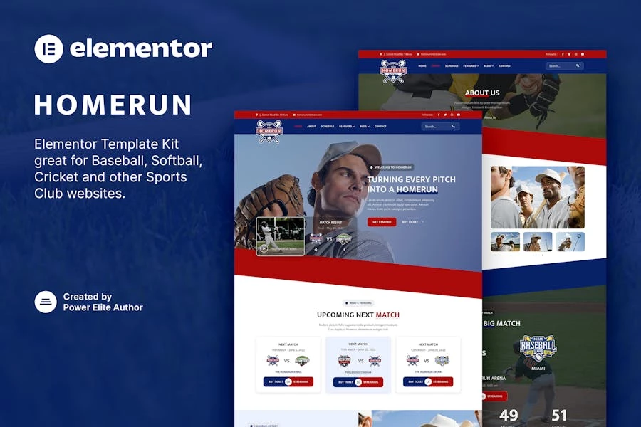 Homerun – Template Kit Elementor para equipo de béisbol y club deportivo