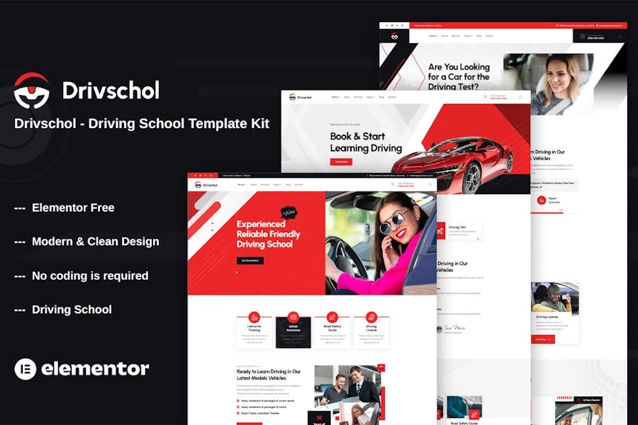 Drivschol – Kit de plantillas Elementor para escuelas de conducción