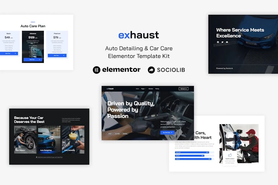 Exhaust – Kit de plantillas Elementor para detalles y cuidado de automóviles